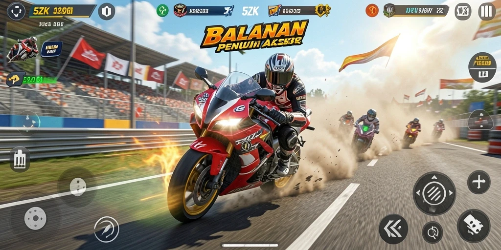 Screenshot gameplay 5ZK menampilkan aksi balapan motor yang intens.