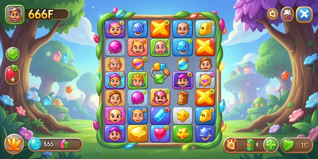 Tangkapan layar gameplay 666F yang penuh warna dan tantangan Match-3.