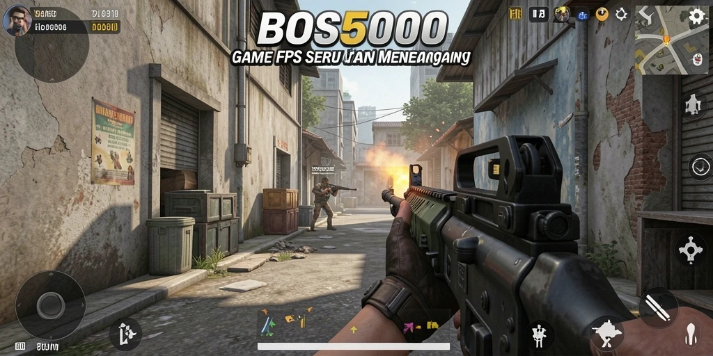 Tangkapan layar gameplay BOS5000 menampilkan aksi tembak-menembak yang mendebarkan.