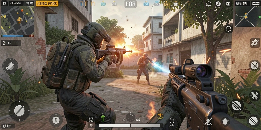Screenshot E88 menampilkan aksi mendebarkan dalam pertempuran FPS.