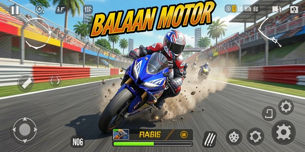 Screenshot N06 menampilkan aksi balapan motor yang mendebarkan.