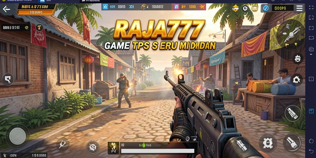 Screenshot utama RAJA777 menampilkan aksi gameplay TPS yang intens.