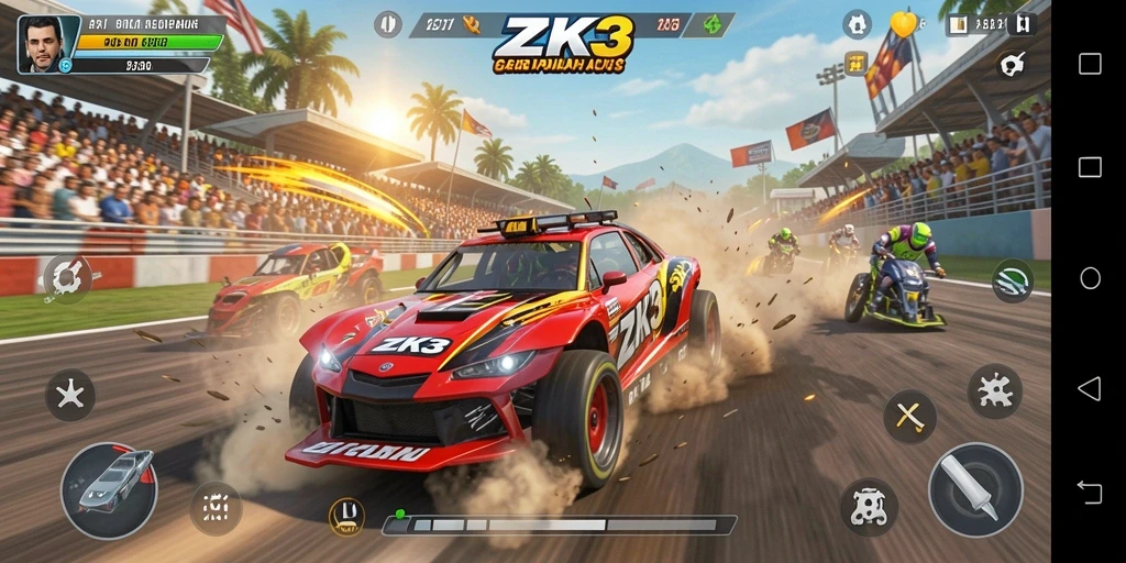 Screenshot utama ZK3 menampilkan aksi balap yang mendebarkan.